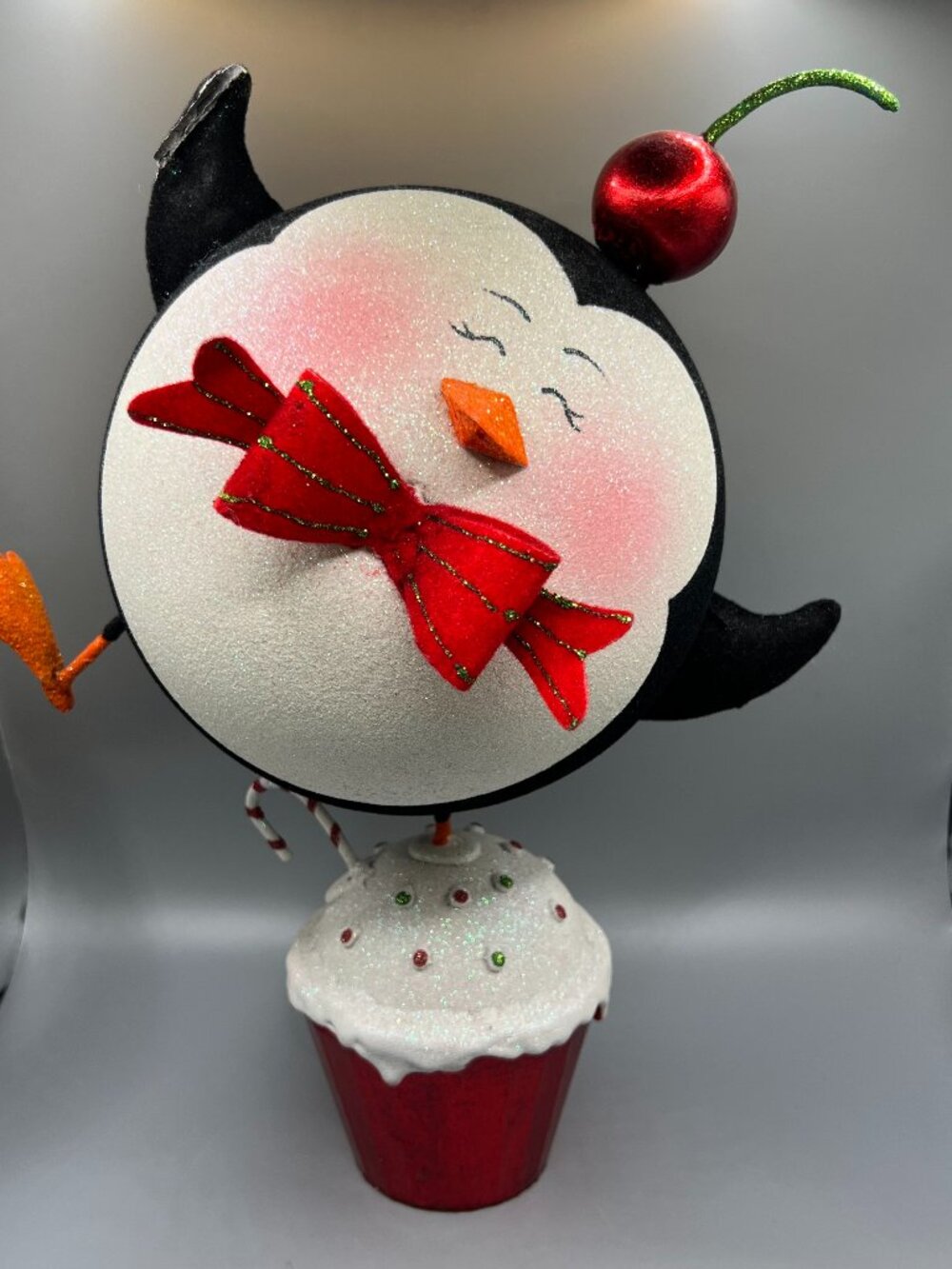 Pier 1 Glittery Penguin Cupcake w Cherry Figure Christmas Decoration (FLAW)